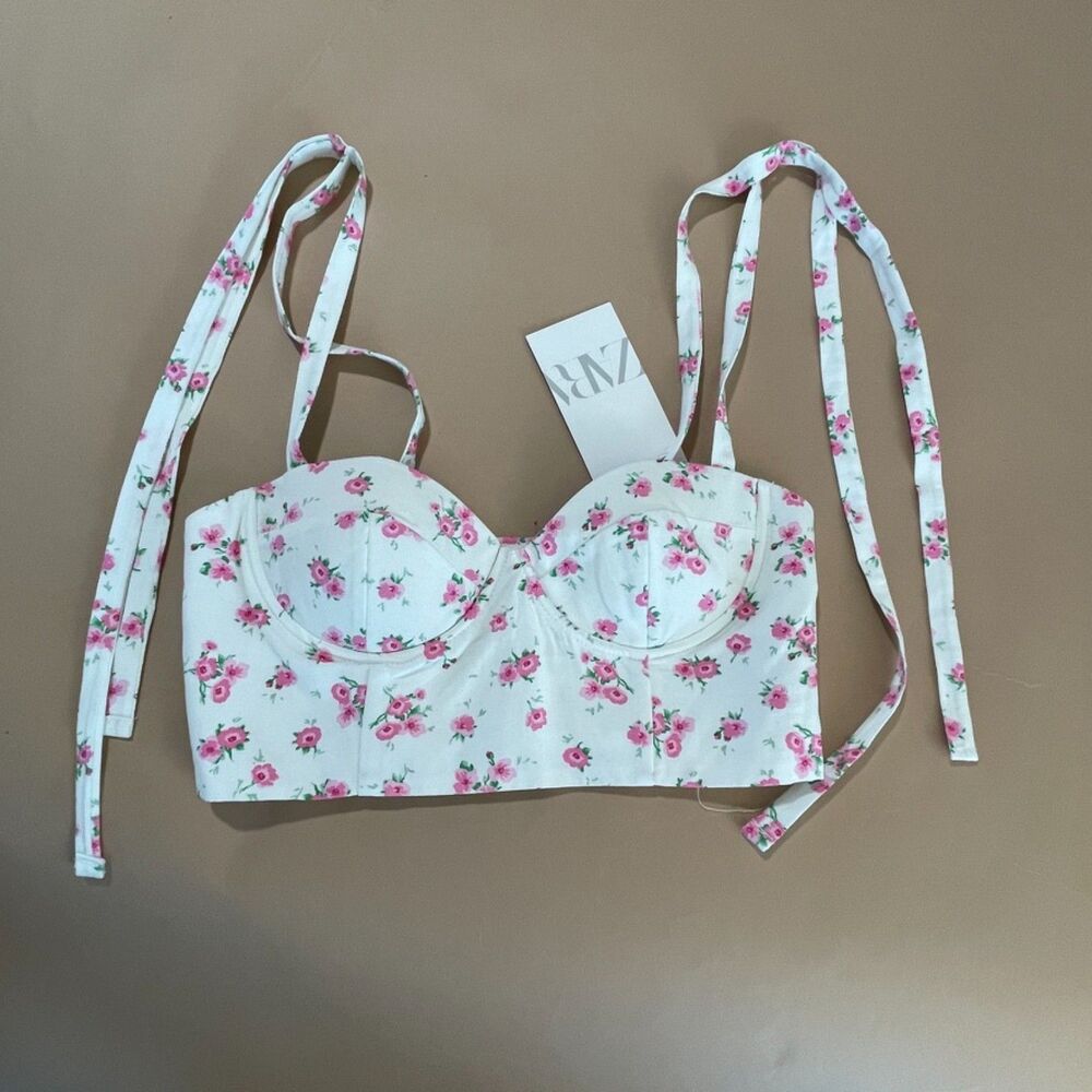 Zara Floral Corset Crop Top Pink White Tie Strap Bustier Womens Small NWT
